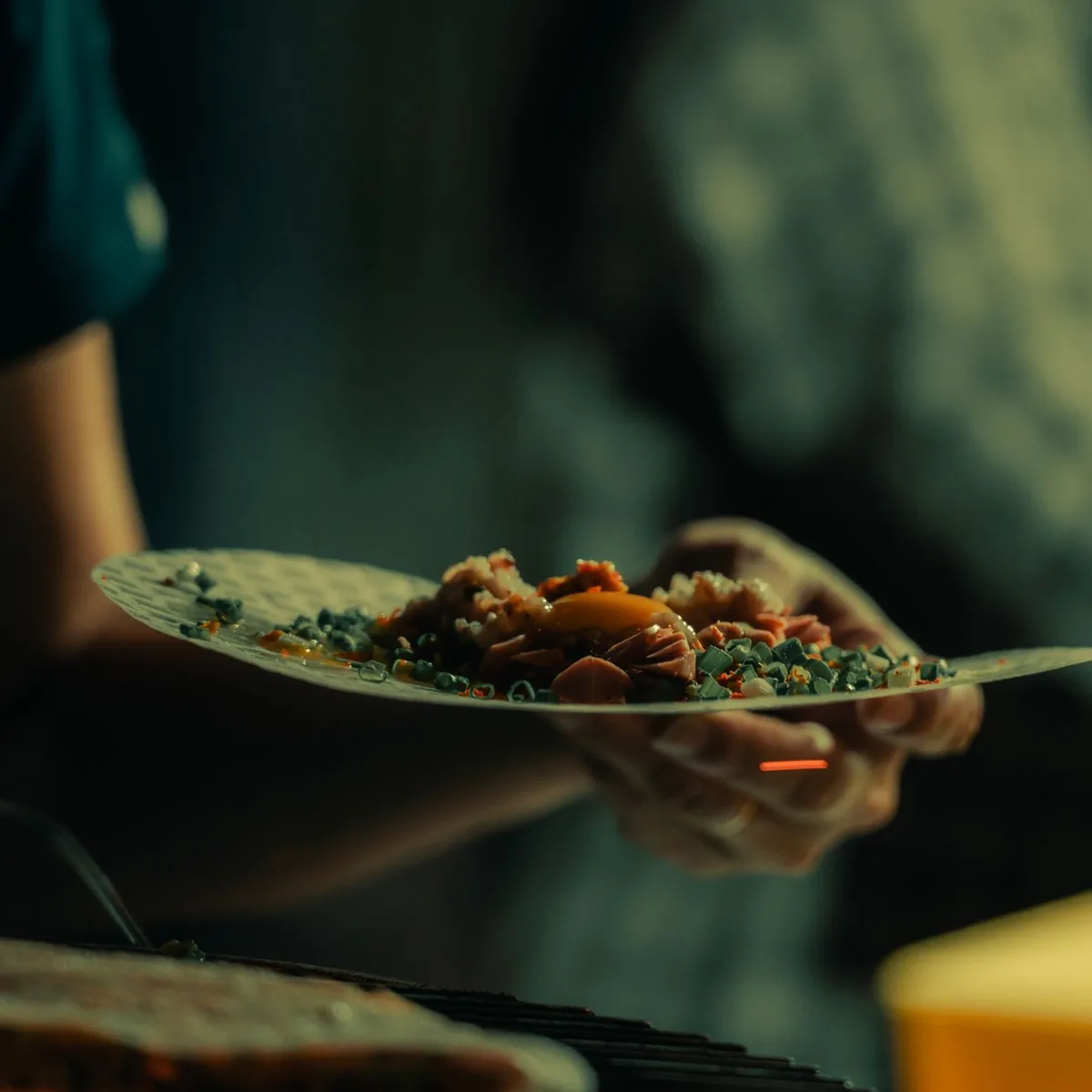A plate of food carried through the room in low evening light