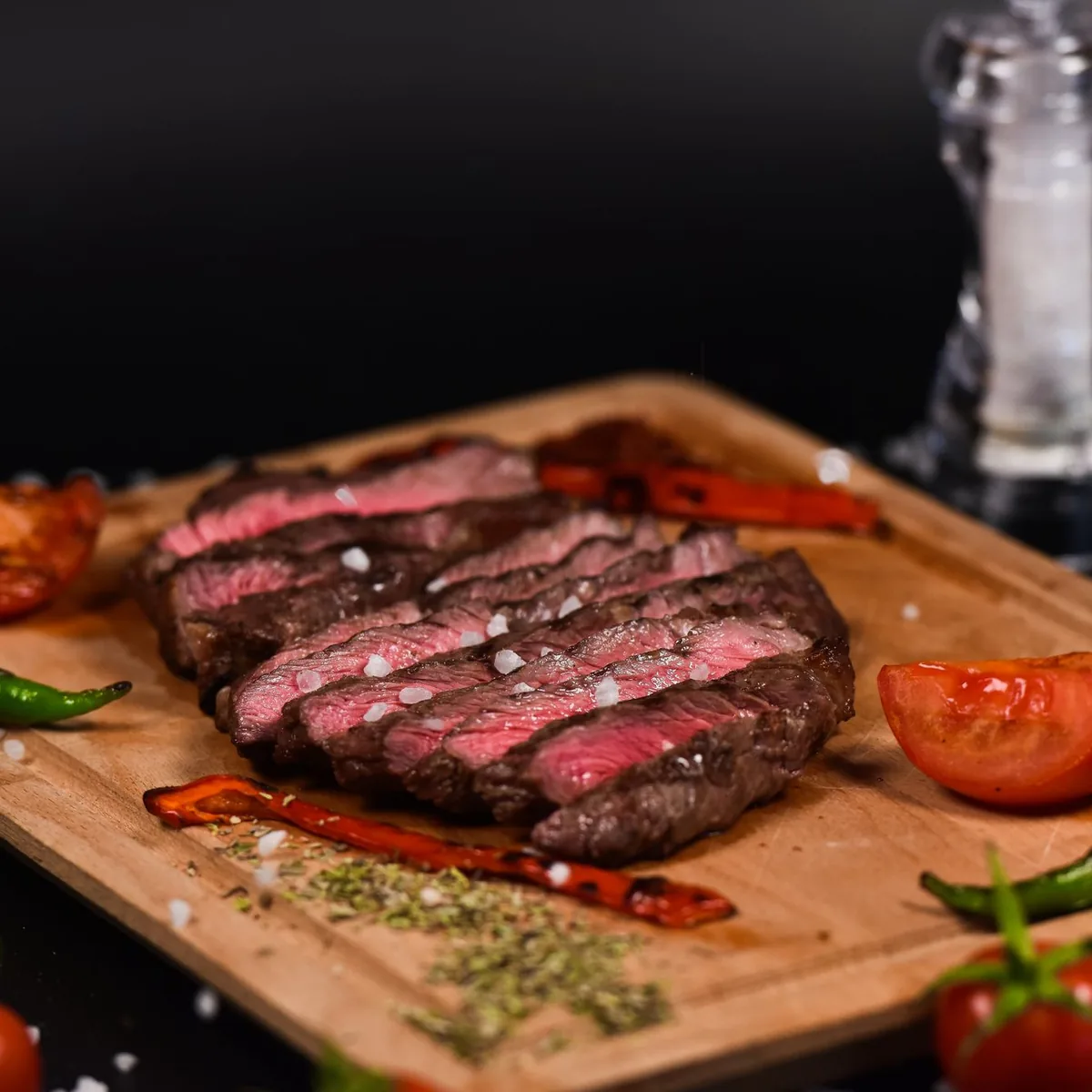 Sliced flat iron steak on a wooden board with charred peppers and tomatoes